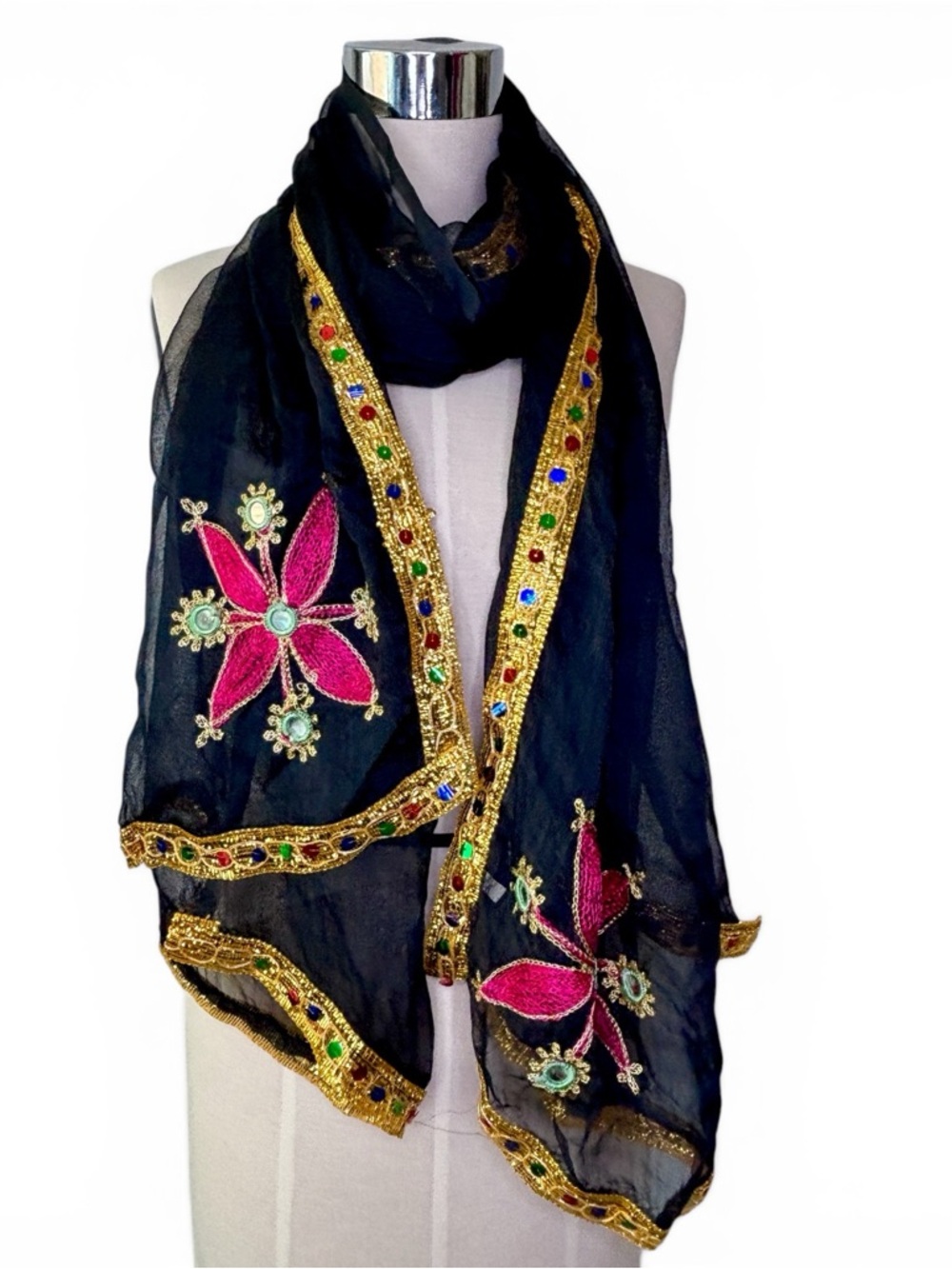 Embellished Large Black Floral Scarf/shawl with Gold Trim and Mirrored Accents